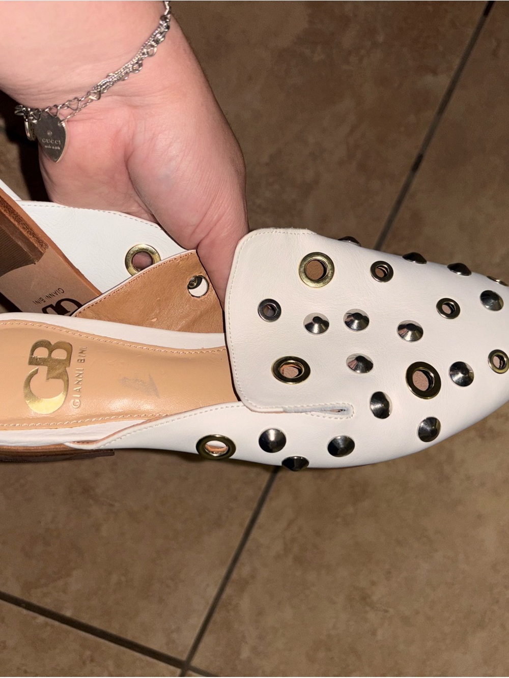 Gianni Bini White Leather Grommet Slide Mules - Picture 3 of 6